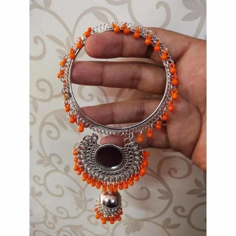 Ladies handmade bracelets-MS Fashion India Trendy Silver Latkan Jhumka Bangles With Orange Pearls