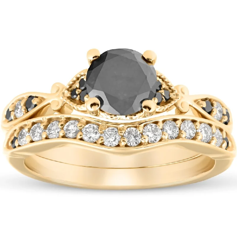 Ladies black diamond engagement rings-1 3/4 Ct Black & White Diamond Engagement Wedding Ring Set 10k Yellow Gold