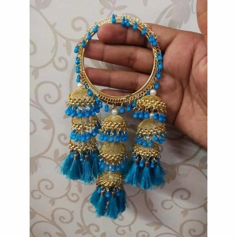 Ladies bracelet sets-MS Fashion India Blue Color Threads And Pearls With Hanging Jhumkas Bangles