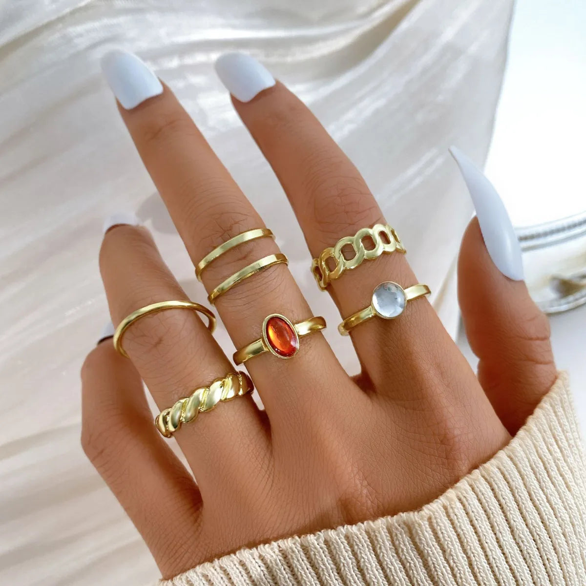 Ladies sterling silver rings-Simple Creative Artificial Gem Inlaid Gold Sliver Metal Open Ring 6-piece Set