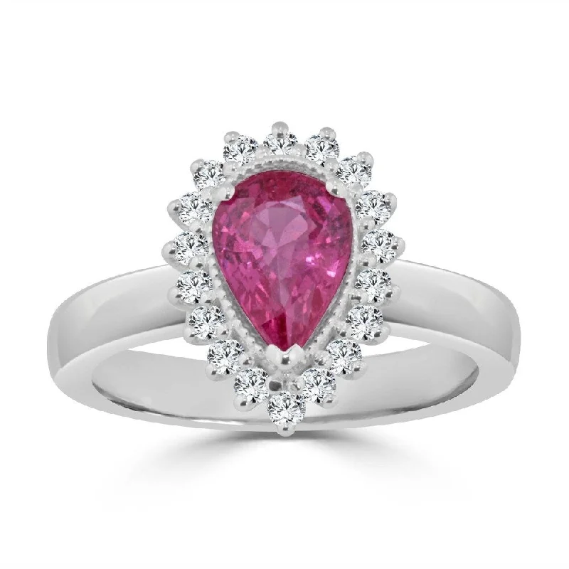 Ladies antique engagement rings-Auriya 1 1/2ct Pear Shaped Pink Sapphire and 1/3ctw Halo Diamond Engagement Ring 14K Gold