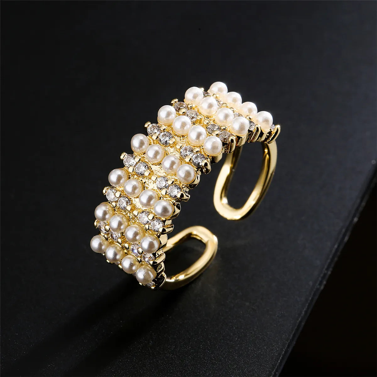 Ladies diamond rings-Copper Plated 18k Gold 4 Rows Millet Pearl Opening Design Adjustable Ring