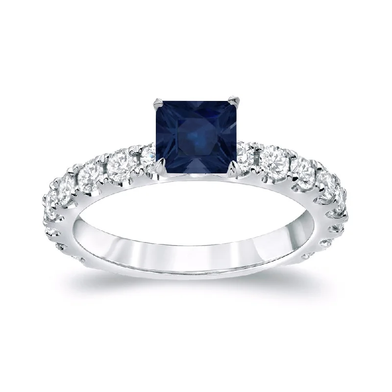 Ladies black diamond engagement rings-Platinum Round 3/4ct Princess Cut Sapphire and 1ct TDW Diamond Engagement Ring