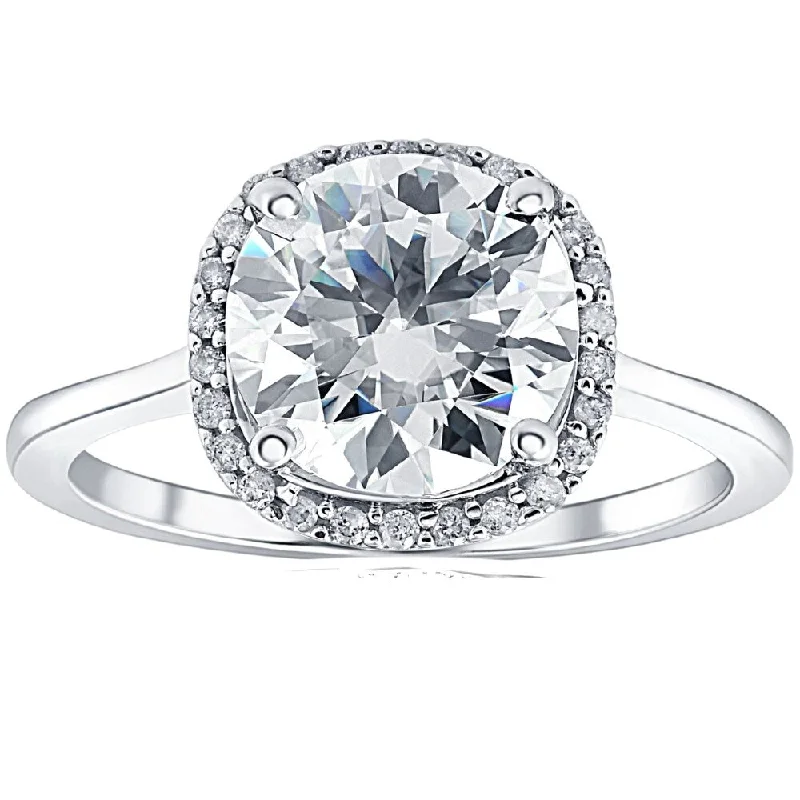 Ladies engagement rings with emerald stones-VS 2 1/2 Ct Diamond & Moissanite Cushion Halo Engagement Ring 14k White Gold