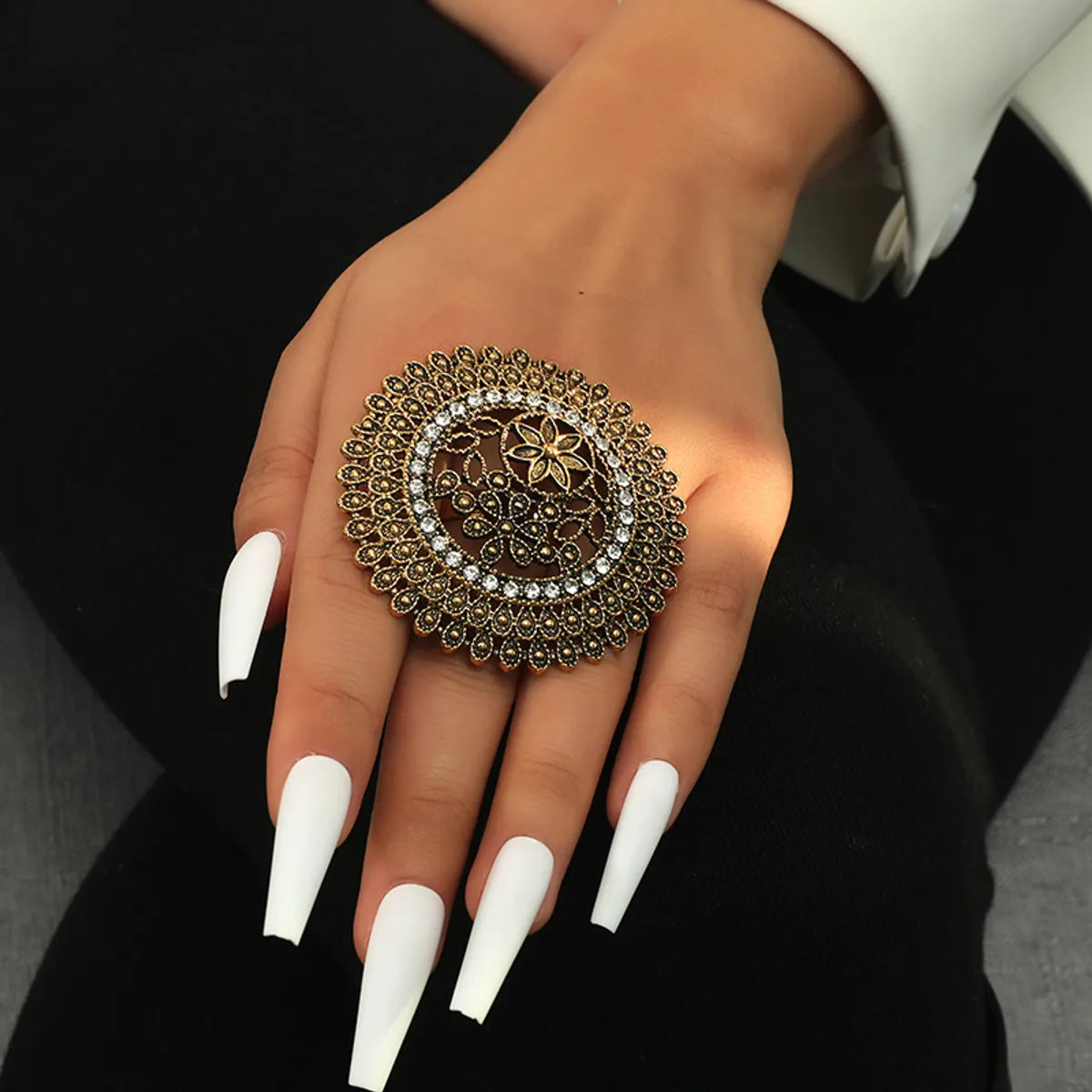 Ladies fancy rings-Retro Ethnic Style Round Flower Alloy Hollow Out Inlay Rhinestones Women's Open Rings