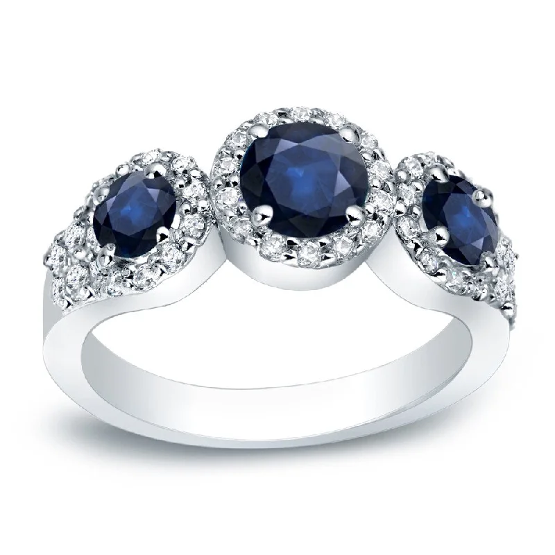 Ladies art deco engagement rings-Auriya 14k Gold 4/5ct Blue Sapphire 3-Stone Diamond Engagement Ring 2/5cttw