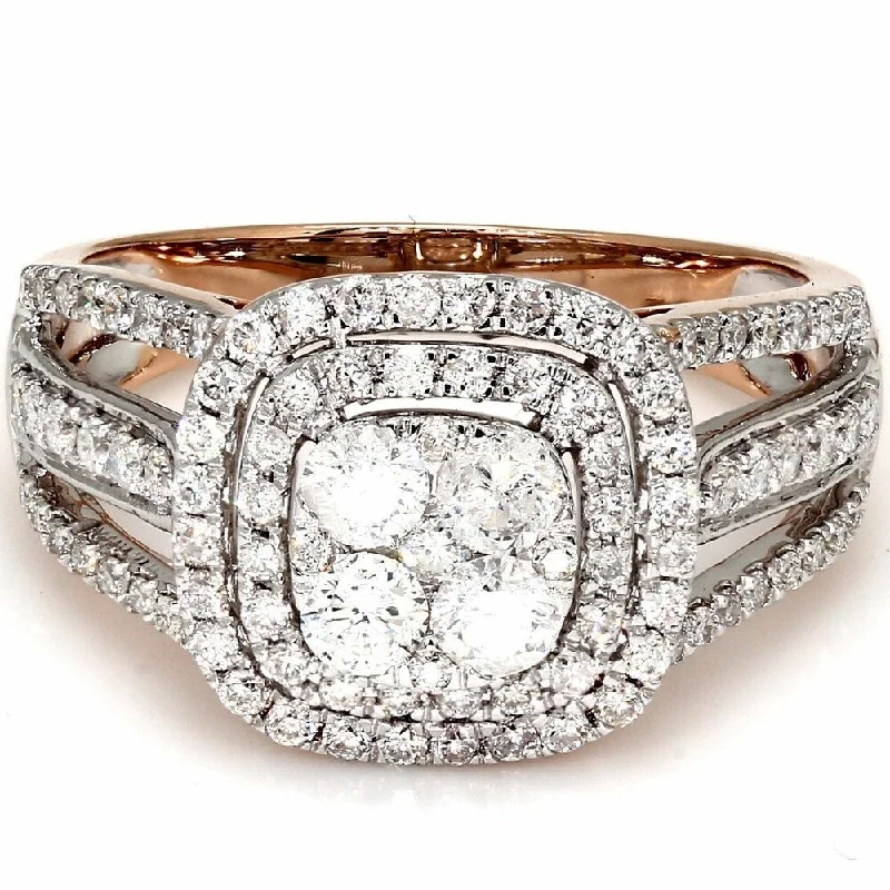 Ladies rose gold engagement rings-Pompeii3 10k Rose Gold 1 1/10 Ct. TDWDiamond Cushion Halo Engagement Ring IGI Certified